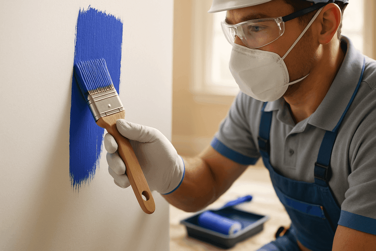 Close-up of painter's gloved hands applying indigo-blue paint with brush on interior wall