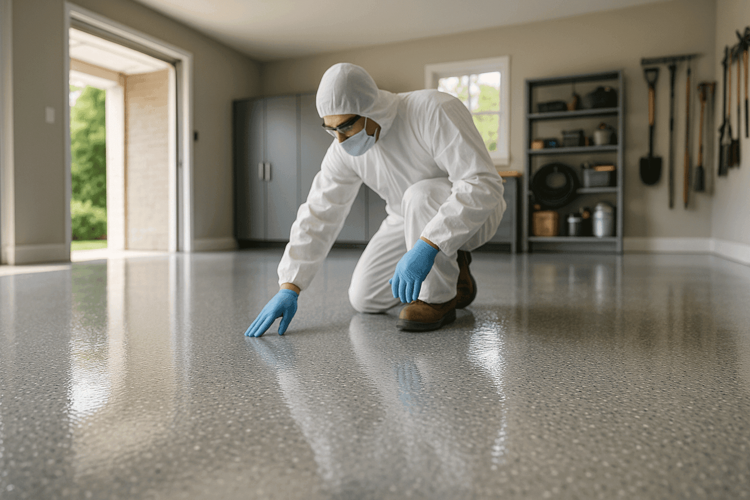 Piso de garaje recién recubierto con epoxi, brillo reflectante, limpio y organizado