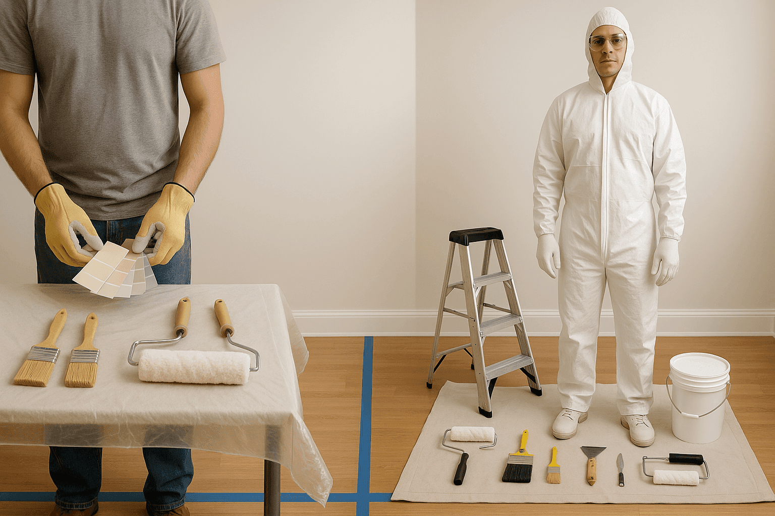 Propietario comparando suministros de pintura con un pintor profesional en un área de preparación limpia