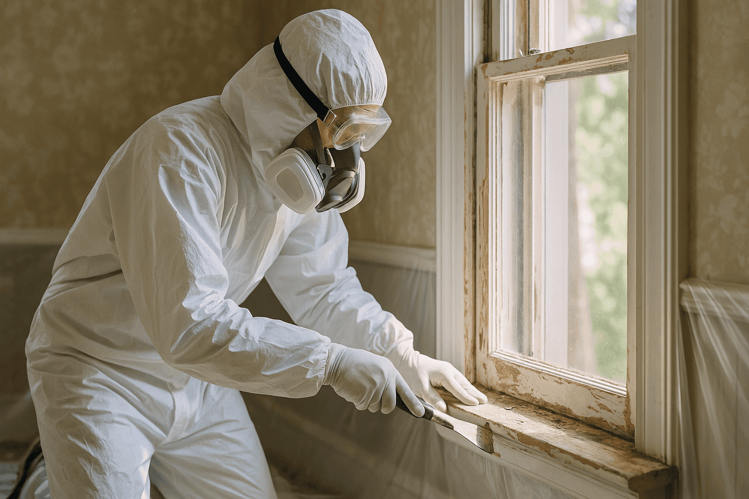 Pintor con equipo de protección completo eliminando de forma segura pintura con plomo de un marco de ventana antiguo