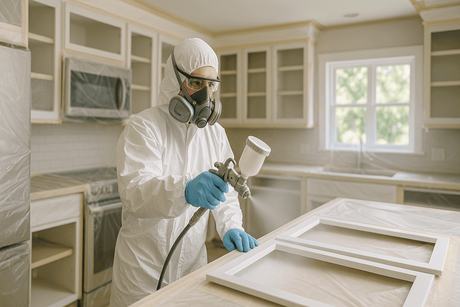 Professional painter painting kitchen cabinets with spray equipment in a well-prepped kitchen
